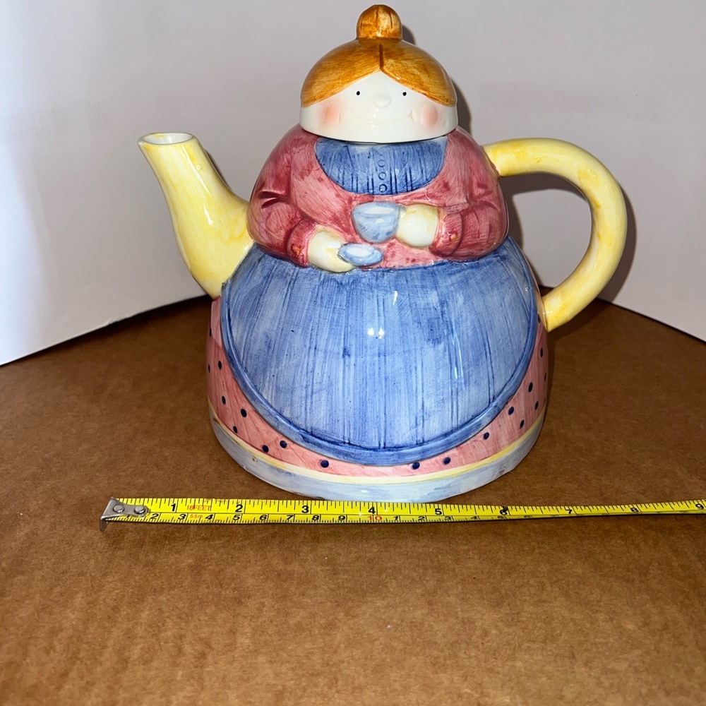 Hand-Painted Ceramic Teapot in Blue, Pink & Yellow